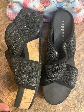 Copper Key Black Sequin Cork Wedge Mules